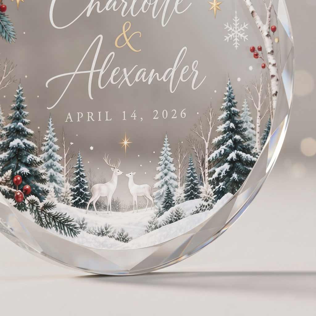 Winter Wonderland Couple Custom Names Date First Christmas Couple Wedding Round Glass Ornament