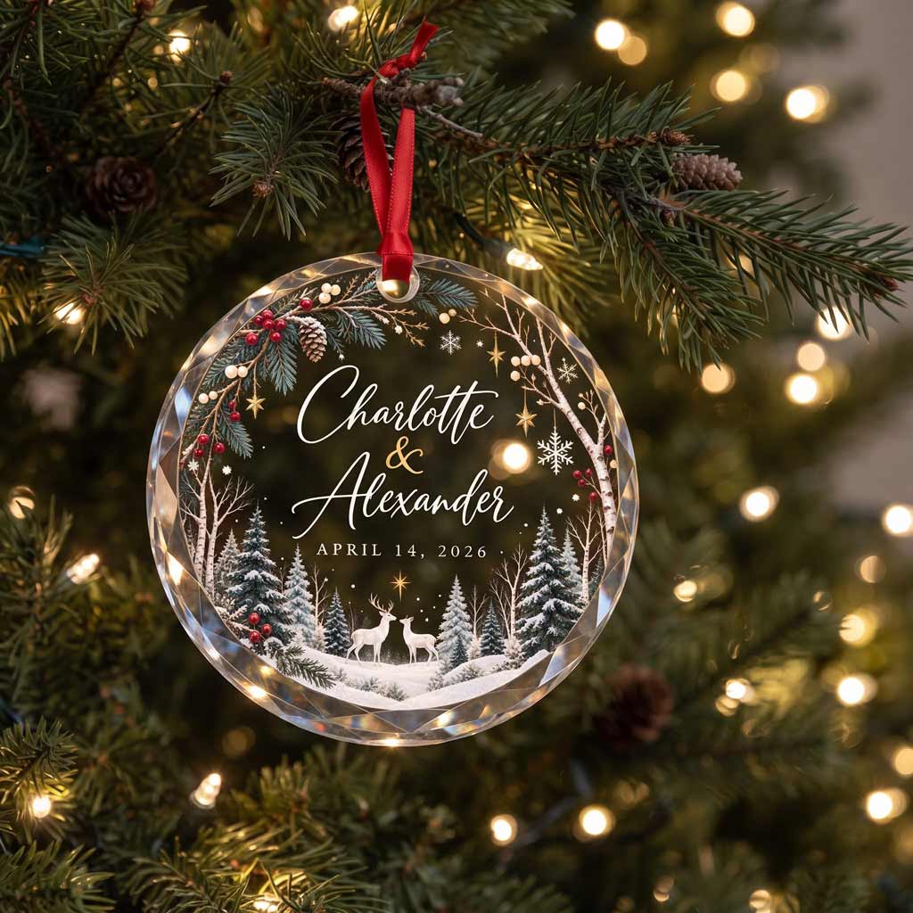 Winter Wonderland Couple Custom Names Date First Christmas Couple Wedding Round Glass Ornament