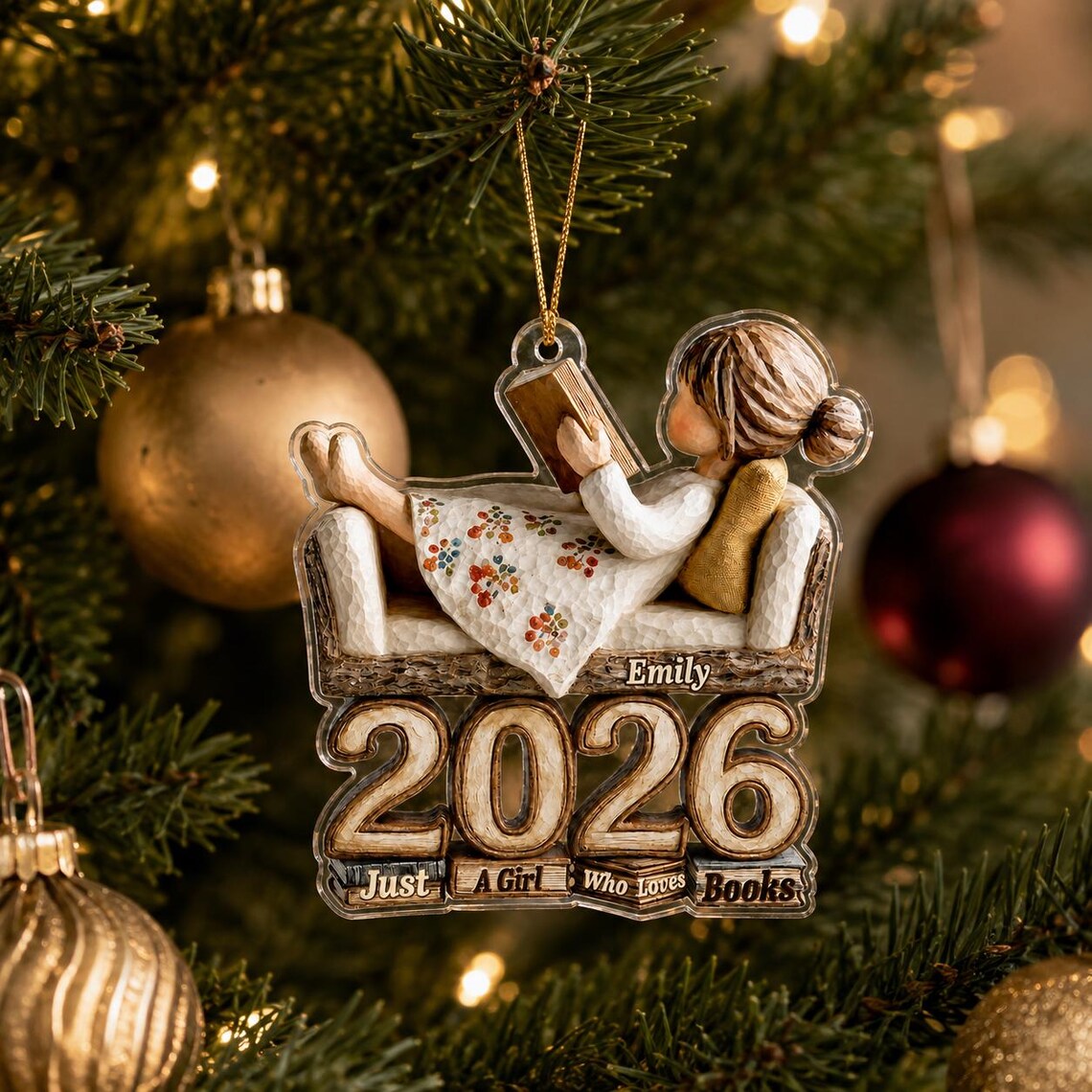 Christmas Book Lover 2026 Custom Name Date Acrylic Ornament