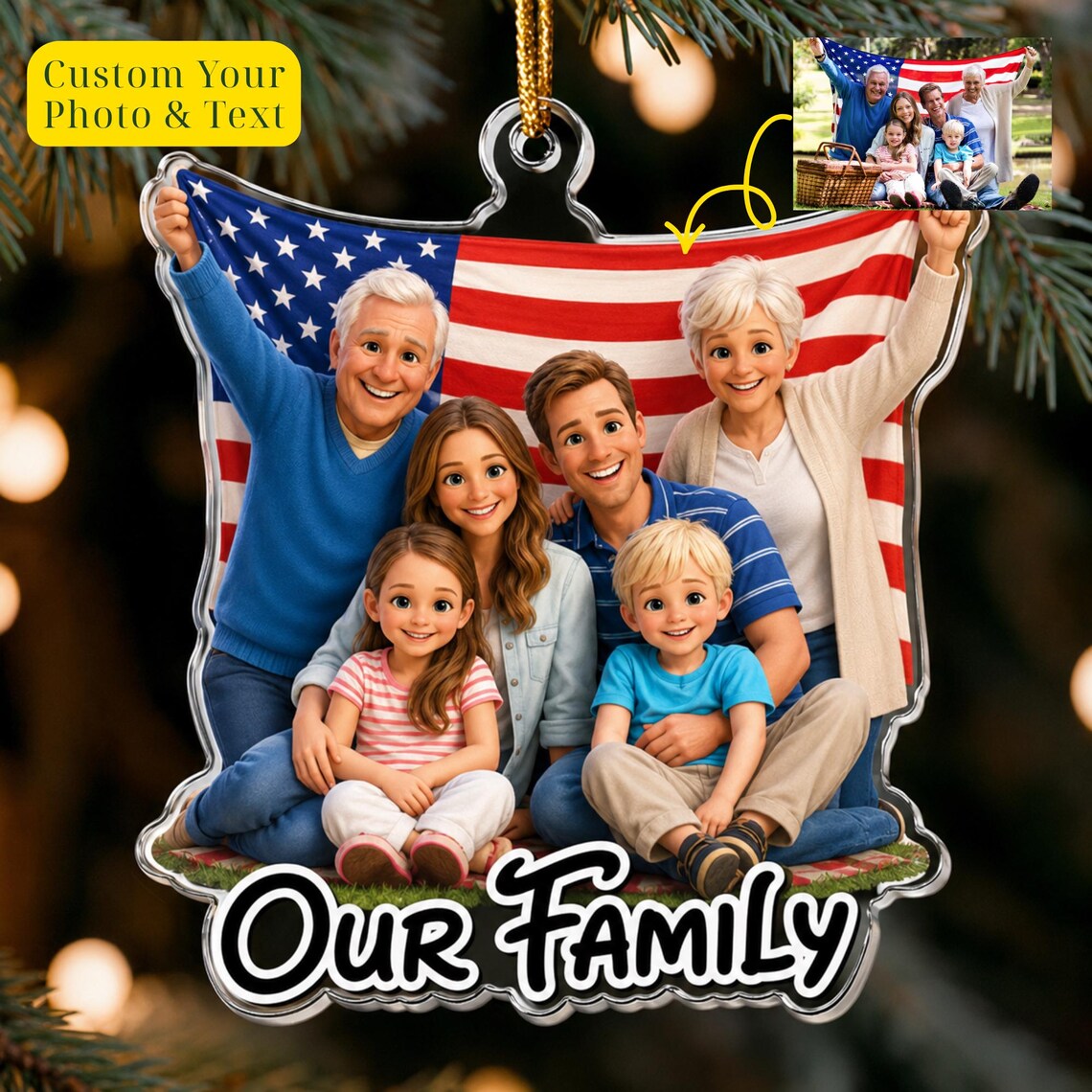 Cartoon Family Portrait Custom Text Photo Family Acrylic Christmas Ornament Cartoon Your Photos For Family Kids Grandkids