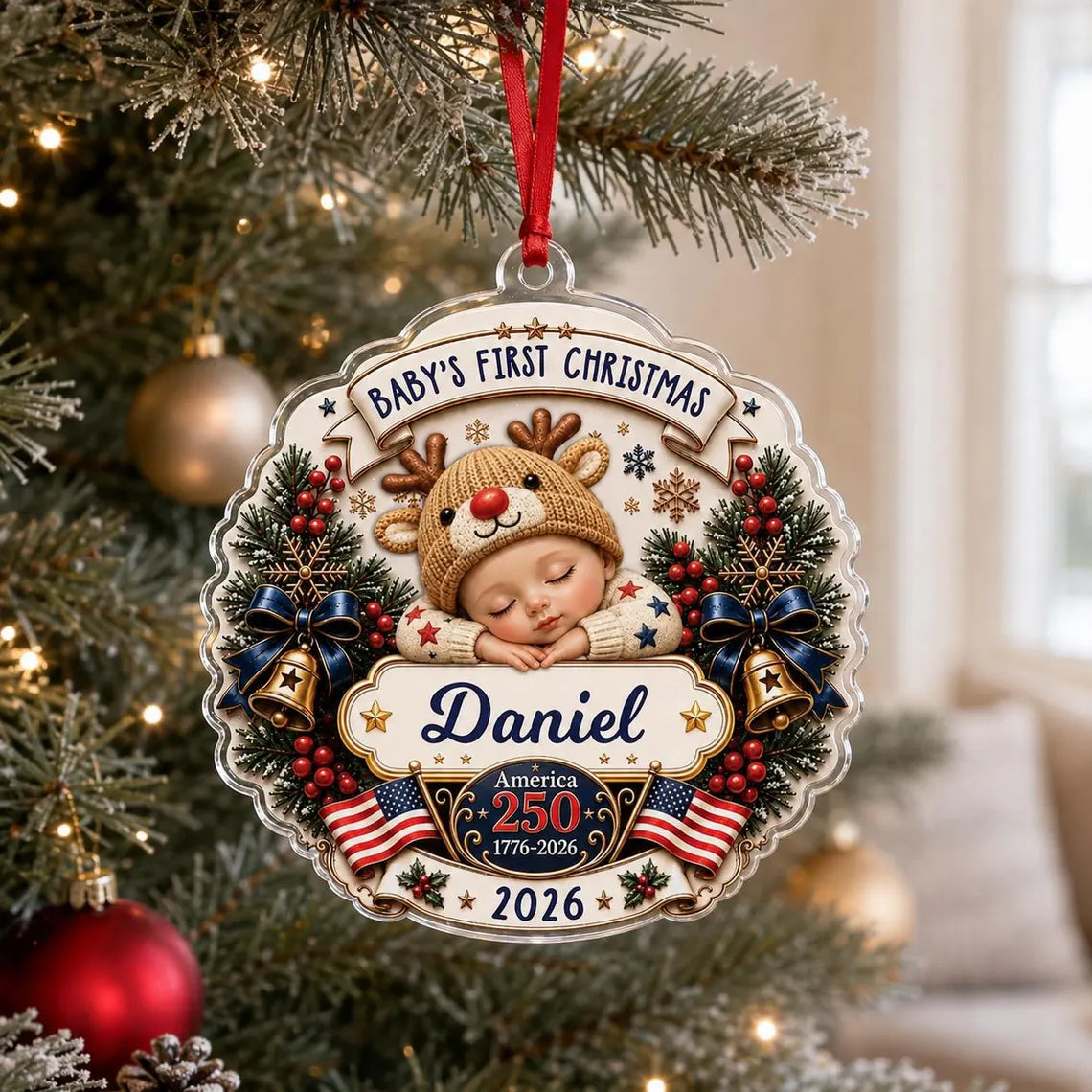 Baby's First Christmas 2026 America's 250th Custom Name Baby's First Christmas Acrylic Christmas Ornament