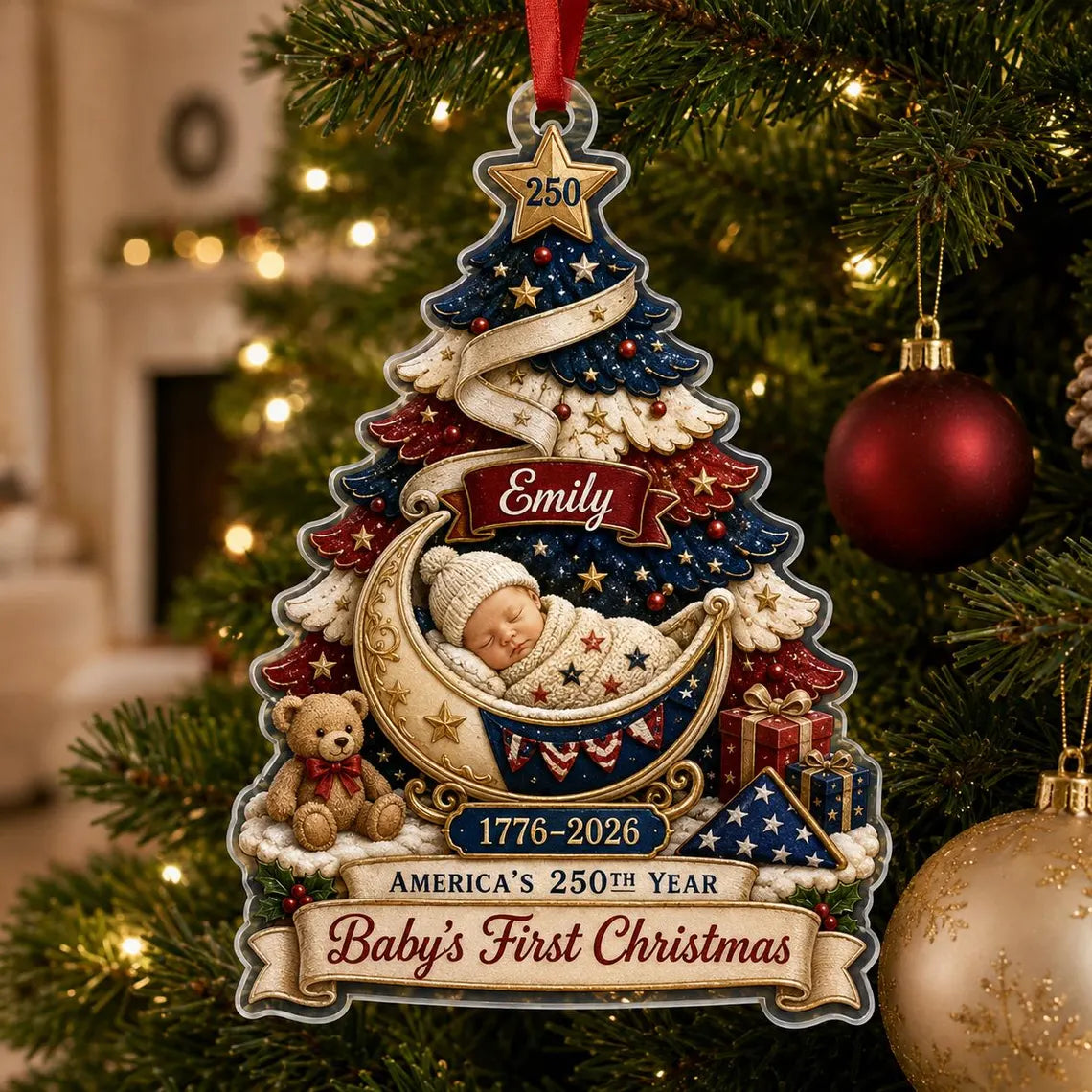 Baby's First Christmas 2026 America's 250th Custom Name Baby's First Christmas Acrylic Christmas Ornament