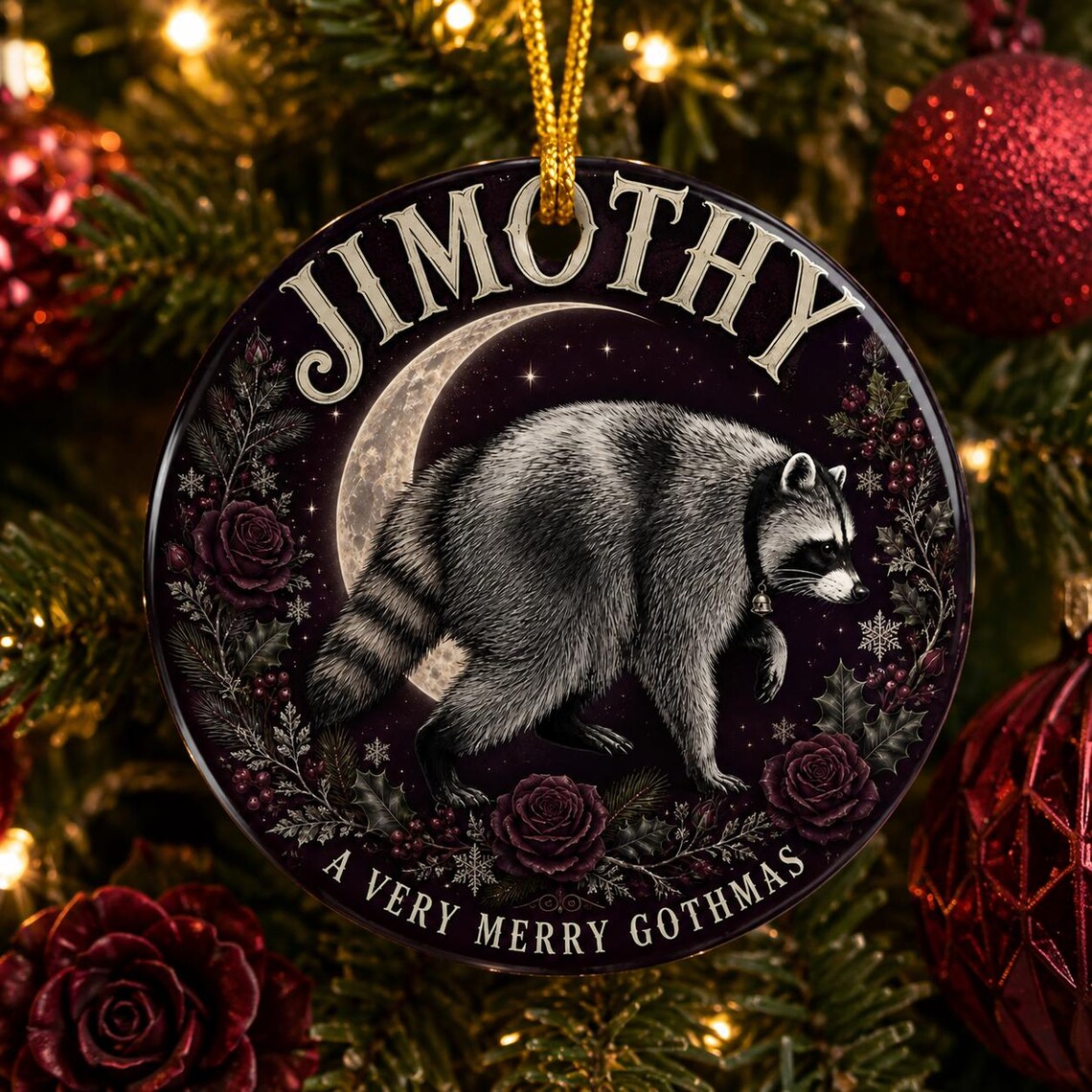 A Very Merry Gothmas Raccoon Custom Name Round Glass Christmas Ornament Gothic