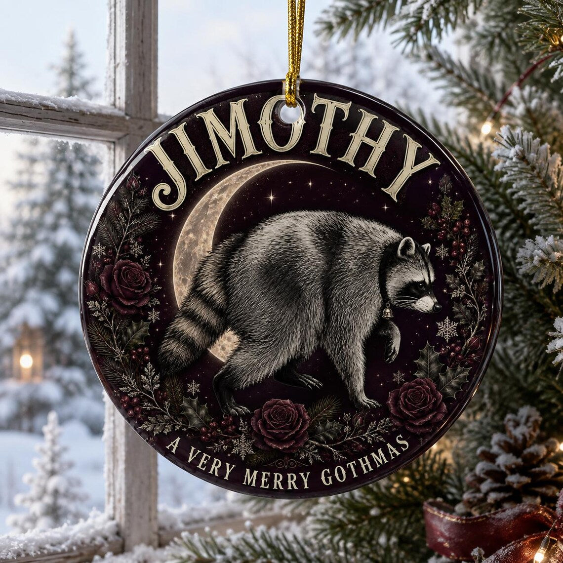 A Very Merry Gothmas Raccoon Custom Name Round Glass Christmas Ornament Gothic