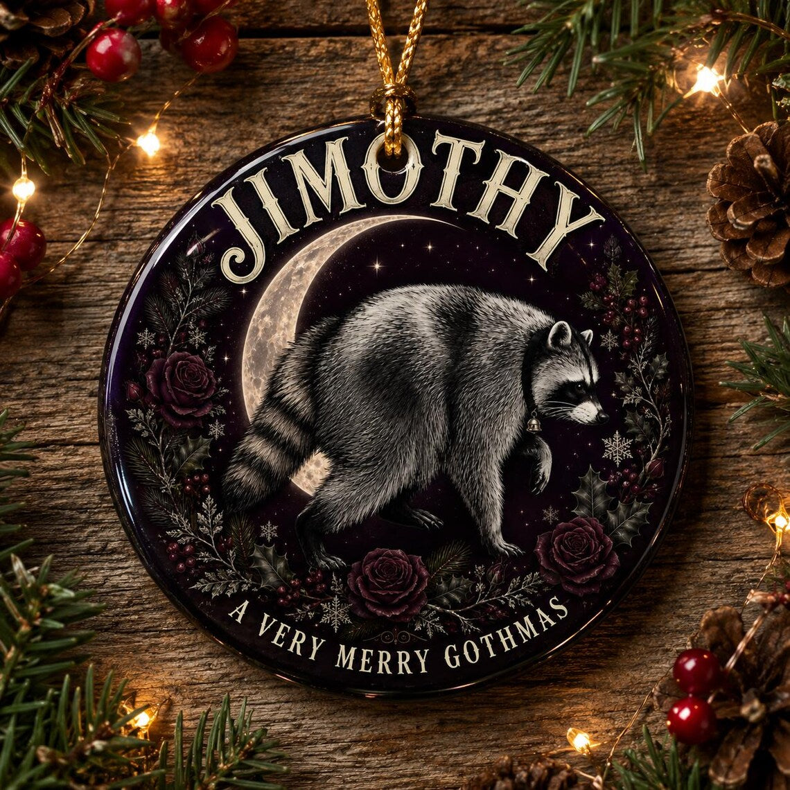 A Very Merry Gothmas Raccoon Custom Name Round Glass Christmas Ornament Gothic