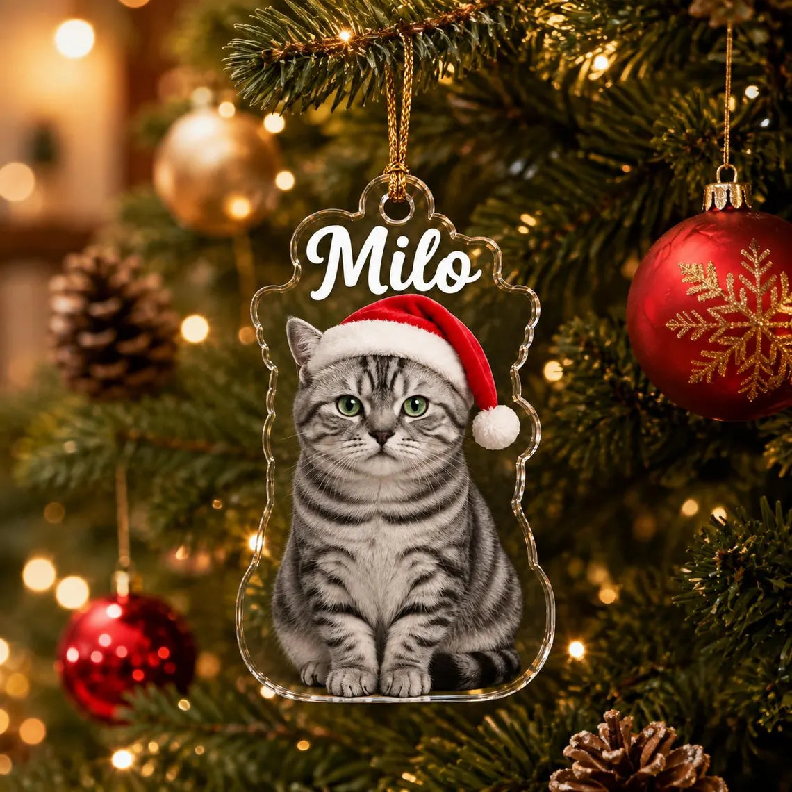 Christmas Cat Santa Hat Custom Name Photo Pet Acrylic Christmas Ornament Pet Lover