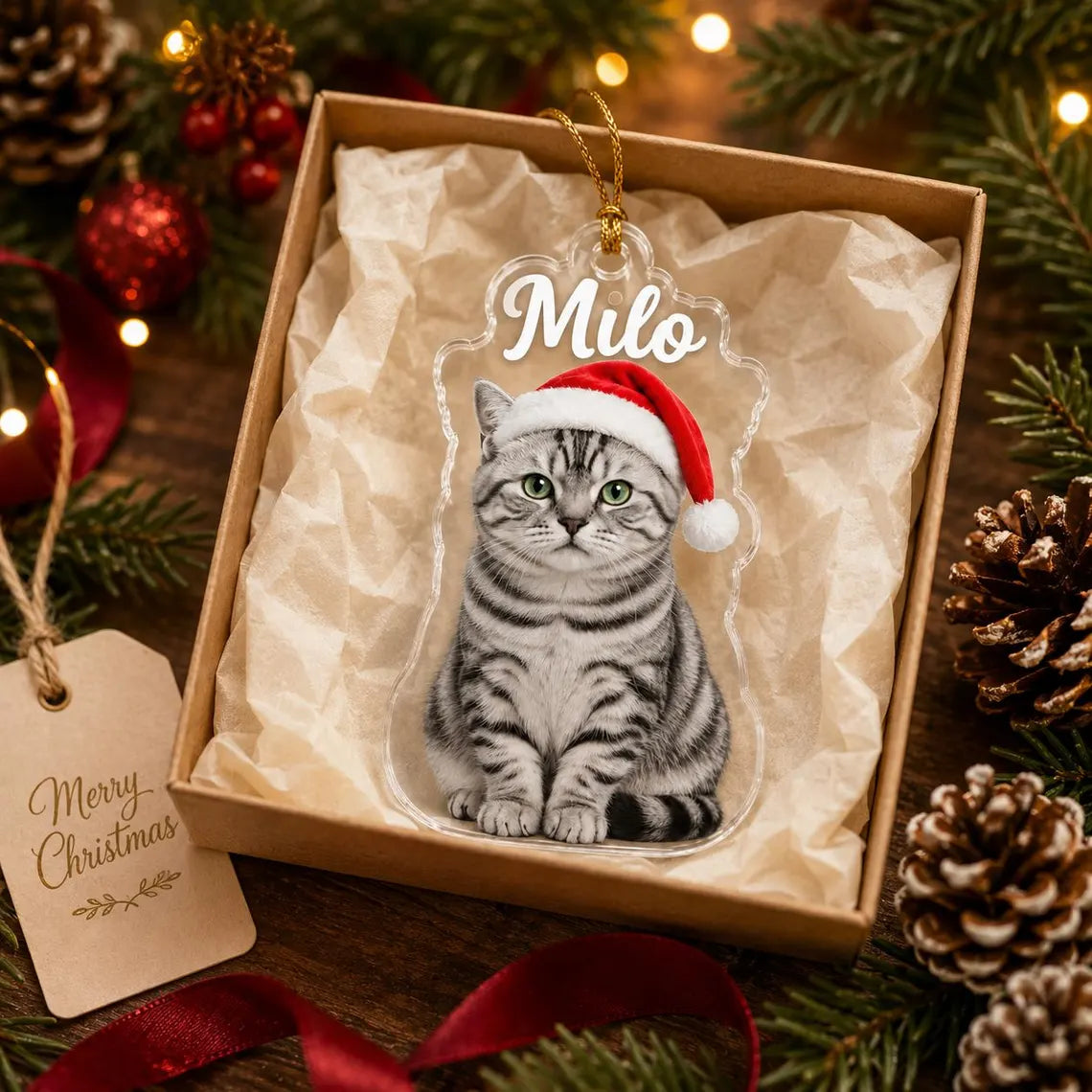 Christmas Cat Santa Hat Custom Name Photo Pet Acrylic Christmas Ornament Pet Lover