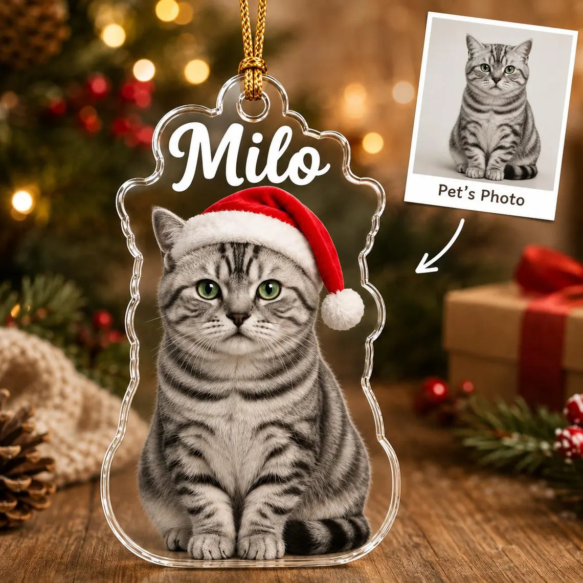 Christmas Cat Santa Hat Custom Name Photo Pet Acrylic Christmas Ornament Pet Lover