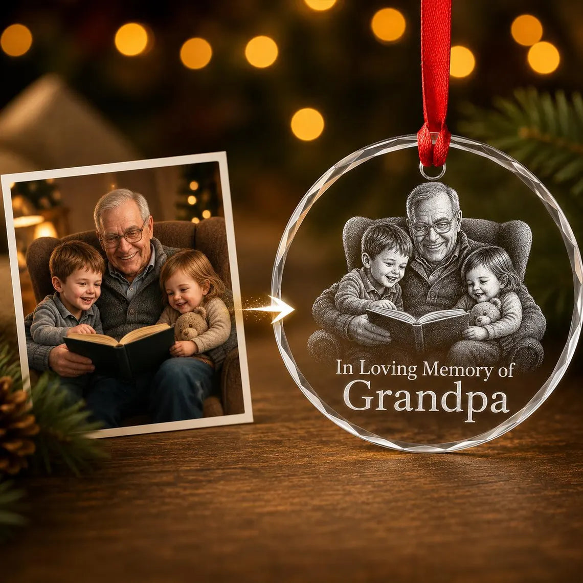 Grandpa In Loving Memory Custom Photo Memorial Round Glass Christmas Ornament Grandpa Memorial Keepsake Gift