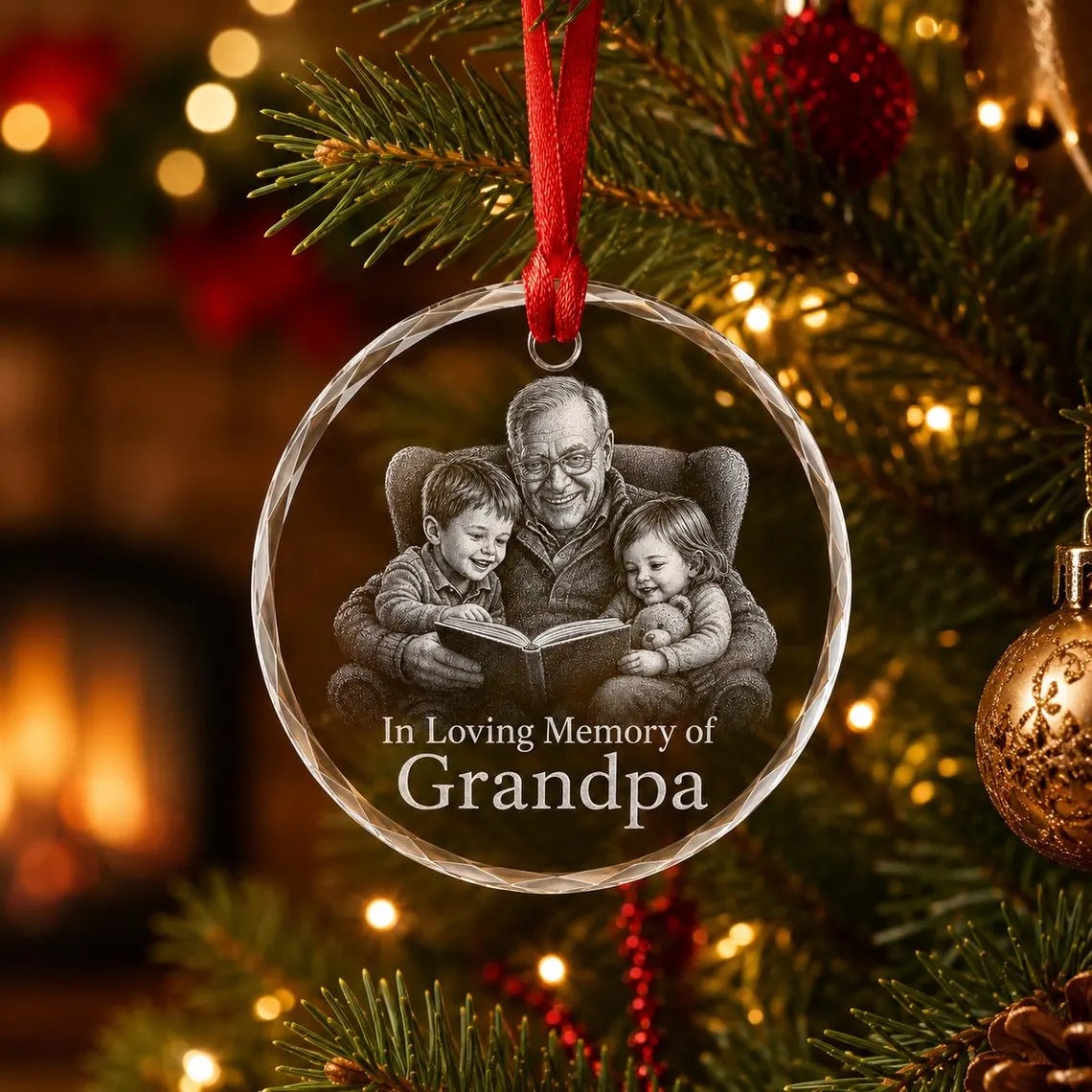 Grandpa In Loving Memory Custom Photo Memorial Round Glass Christmas Ornament Grandpa Memorial Keepsake Gift