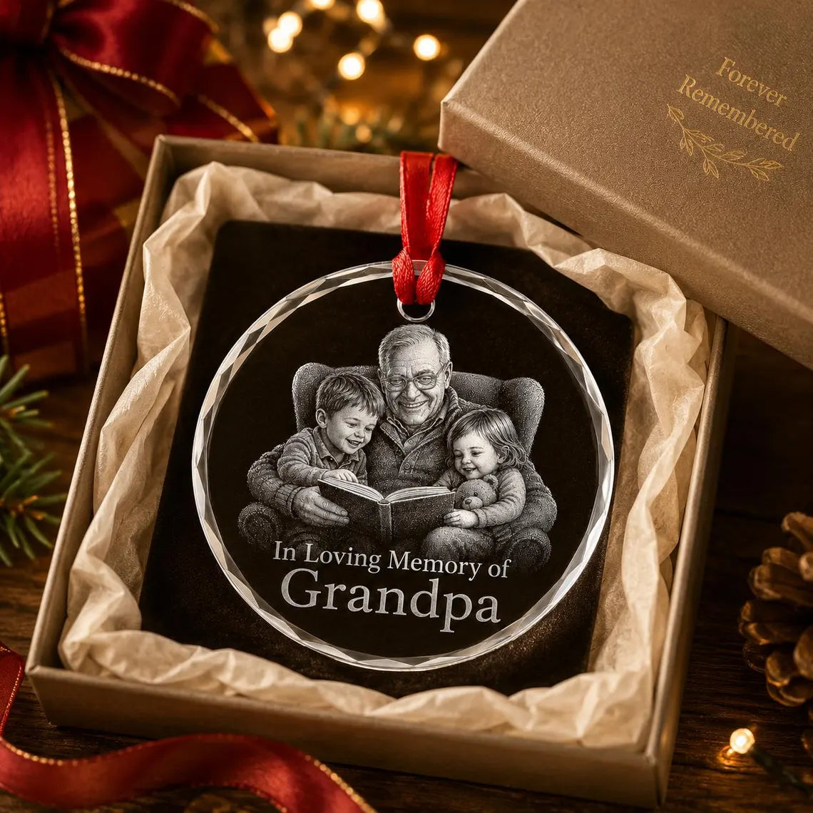 Grandpa In Loving Memory Custom Photo Memorial Round Glass Christmas Ornament Grandpa Memorial Keepsake Gift