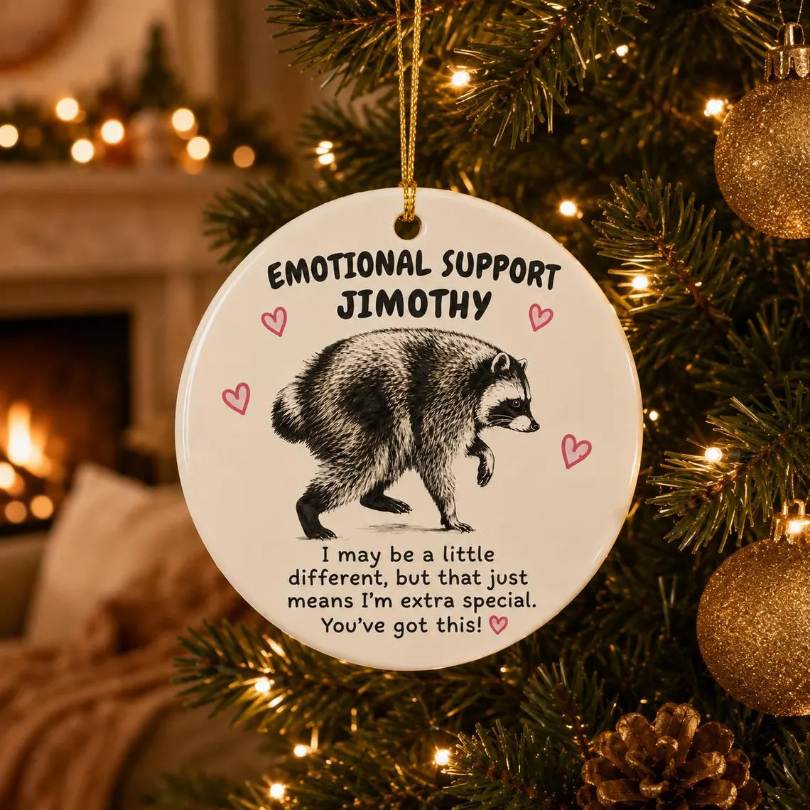 Emotional Support Raccoon Custom Name Round Ceramic Christmas Ornament Funny