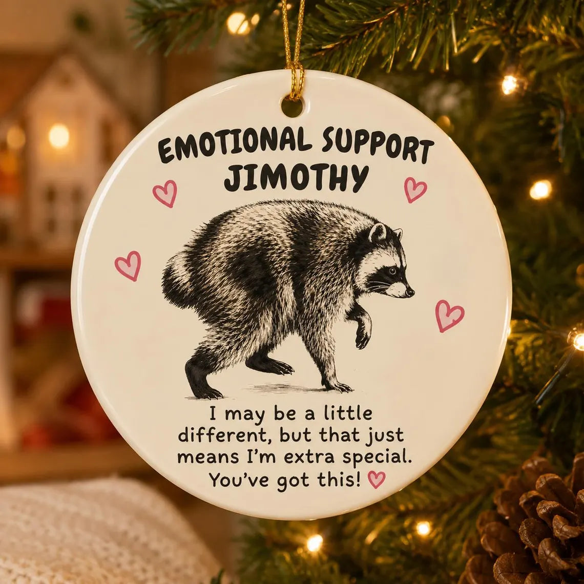Emotional Support Raccoon Custom Name Round Ceramic Christmas Ornament Funny