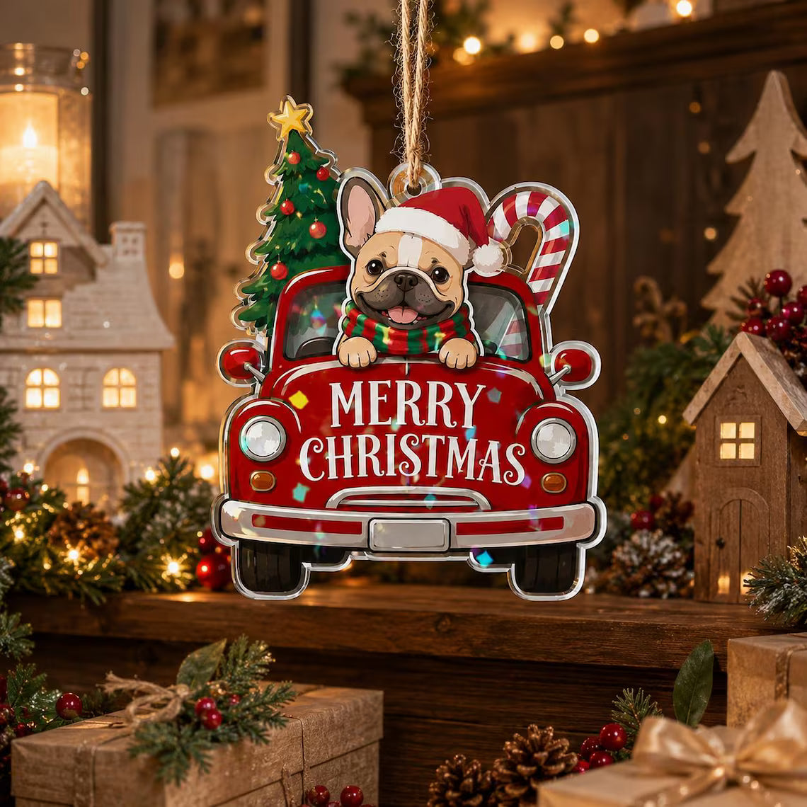 Merry Christmas Dog Truck Custom Photo Broken Glass Hologram Christmas Ornament Pet Lover