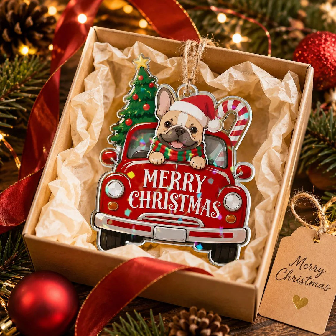 Merry Christmas Dog Truck Custom Photo Broken Glass Hologram Christmas Ornament Pet Lover