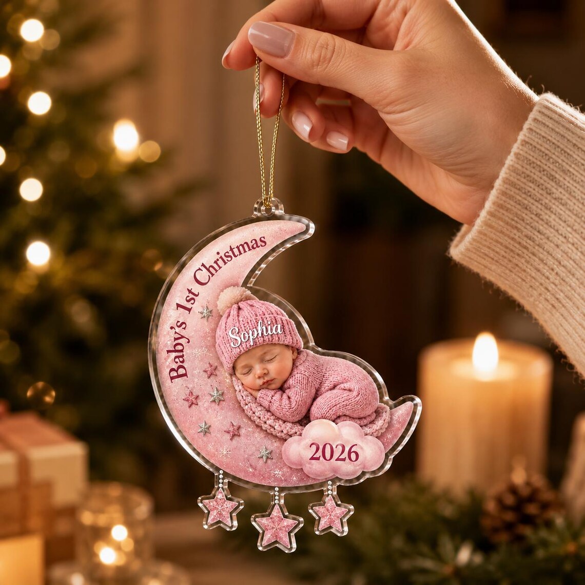 Baby's First Christmas Moon Custom Name Date Photo Acrylic Christmas Ornament Baby