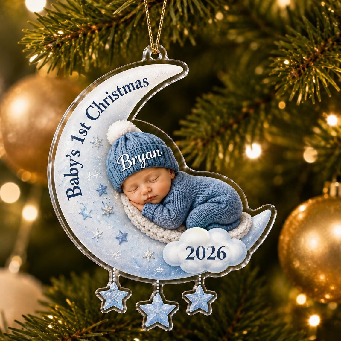 Baby's First Christmas Moon Custom Name Date Photo Acrylic Christmas Ornament Baby