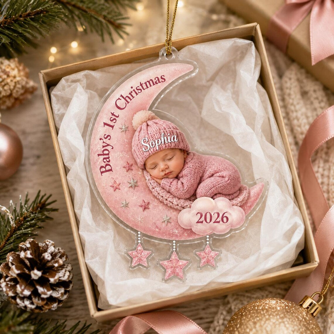 Baby's First Christmas Moon Custom Name Date Photo Acrylic Christmas Ornament Baby