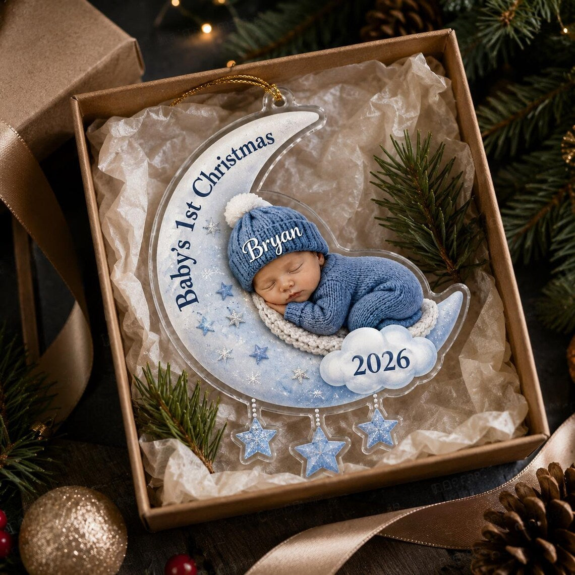 Baby's First Christmas Moon Custom Name Date Photo Acrylic Christmas Ornament Baby