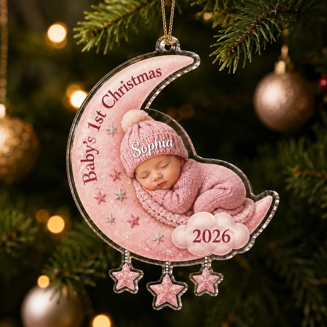 Baby's First Christmas Moon Custom Name Date Photo Acrylic Christmas Ornament Baby