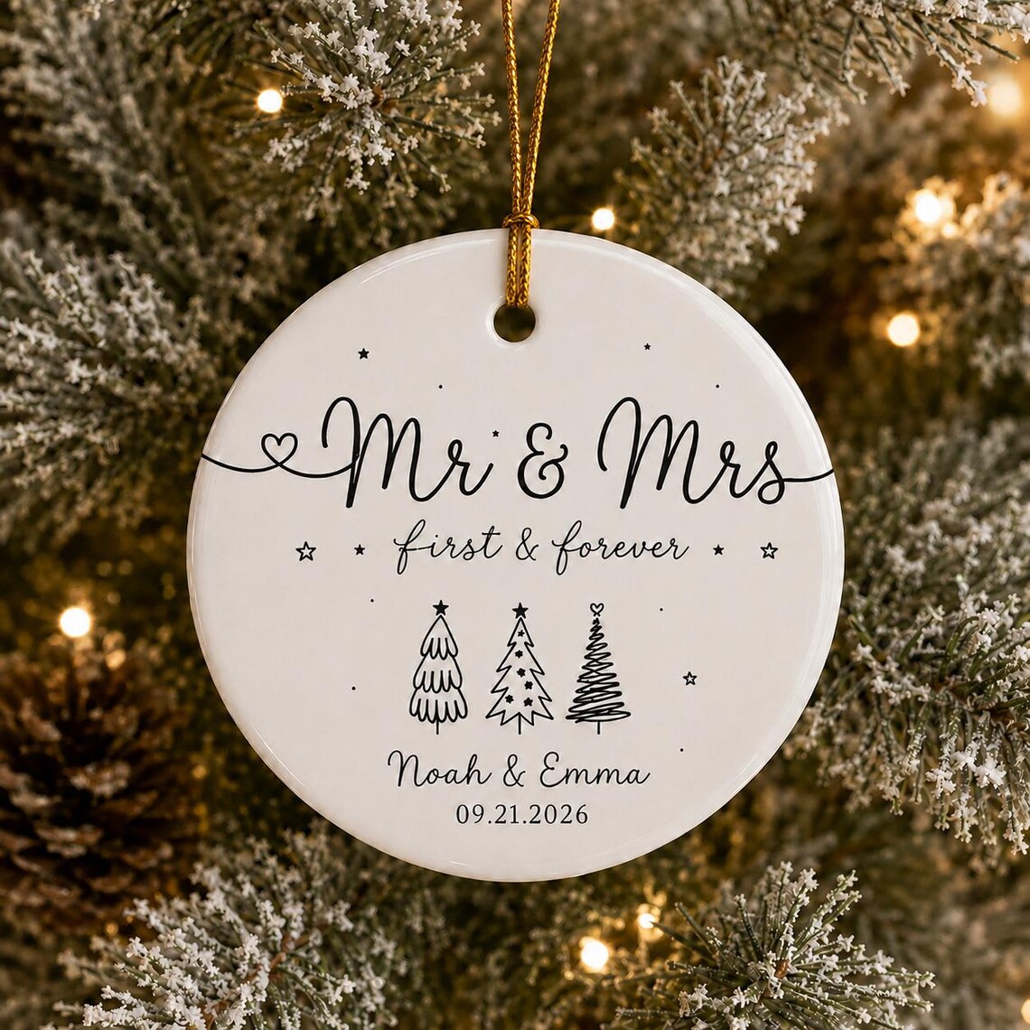 Mr and Mrs First and Forever Custom Names Date Wedding/Engagement Round Ceramic Christmas Ornament