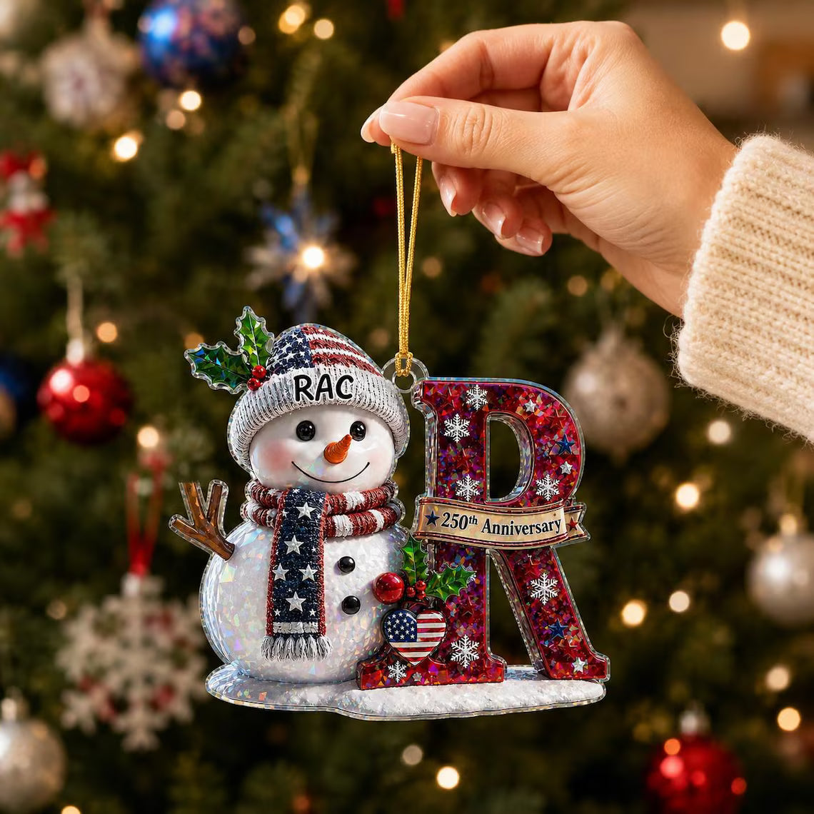 Snowman Initial 250th Anniversary Custom Name Initial Broken Glass Hologram Christmas Ornament