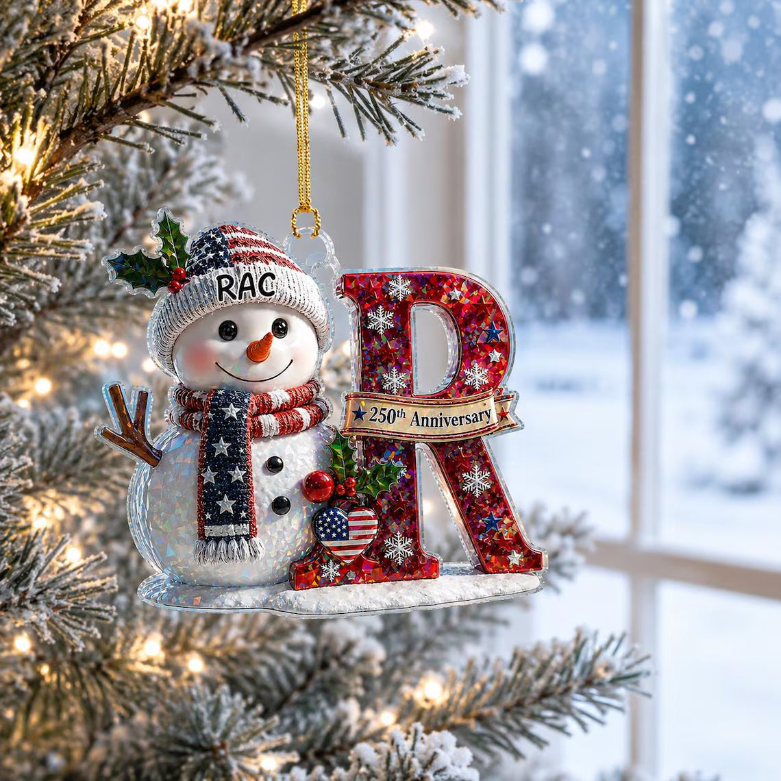 Snowman Initial 250th Anniversary Custom Name Initial Broken Glass Hologram Christmas Ornament