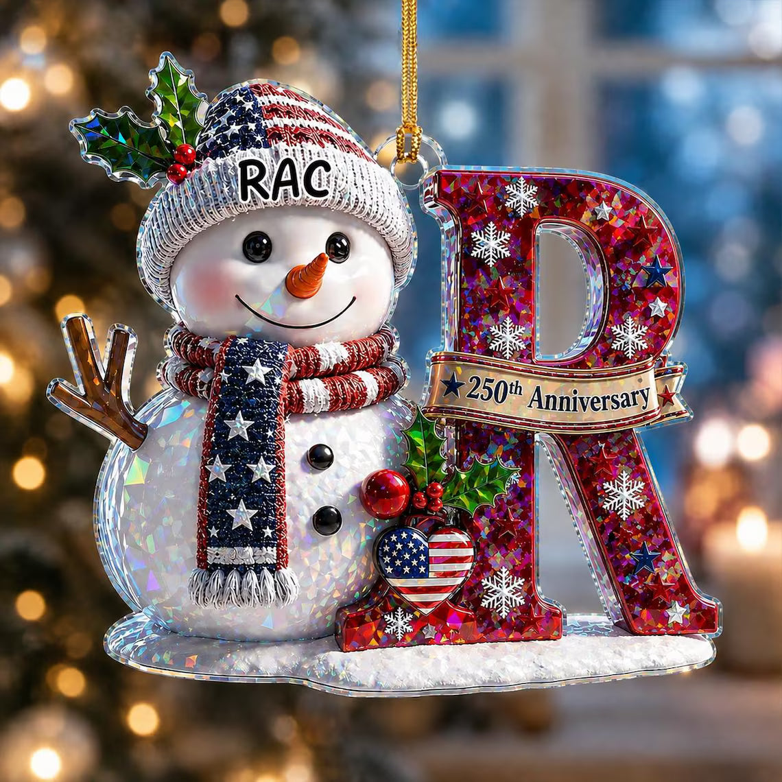 Snowman Initial 250th Anniversary Custom Name Initial Broken Glass Hologram Christmas Ornament