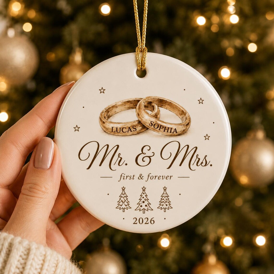Mr and Mrs Wedding Rings Custom Names Date Wedding/Engagement Round Ceramic Christmas Ornament
