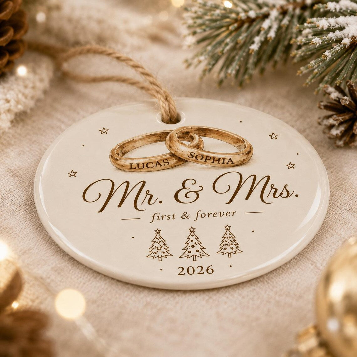Mr and Mrs Wedding Rings Custom Names Date Wedding/Engagement Round Ceramic Christmas Ornament