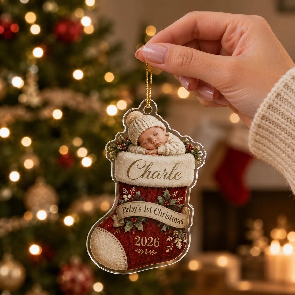 Baby's First Christmas Stocking Custom Name Date Acrylic Christmas Ornament Baby