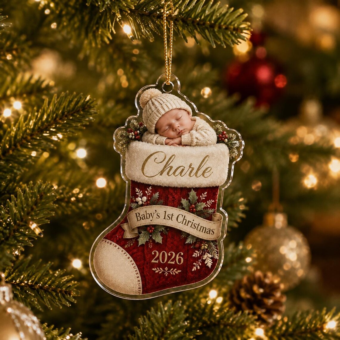 Baby's First Christmas Stocking Custom Name Date Acrylic Christmas Ornament Baby