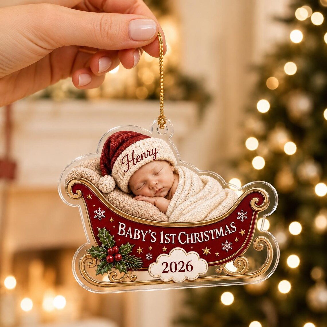 Baby's First Christmas Sleigh Custom Name Date Acrylic Christmas Ornament Baby