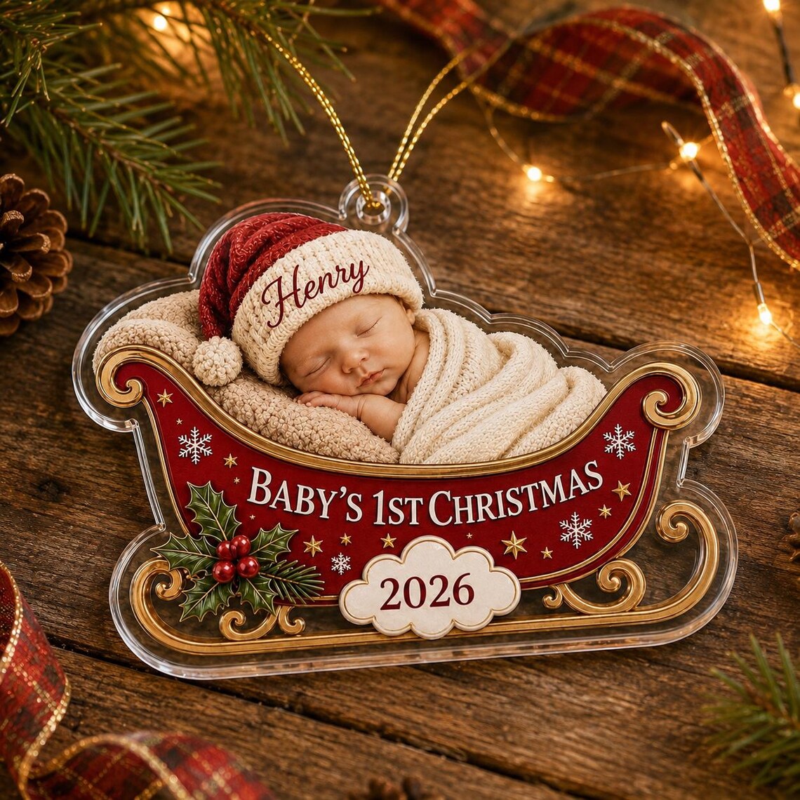 Baby's First Christmas Sleigh Custom Name Date Acrylic Christmas Ornament Baby