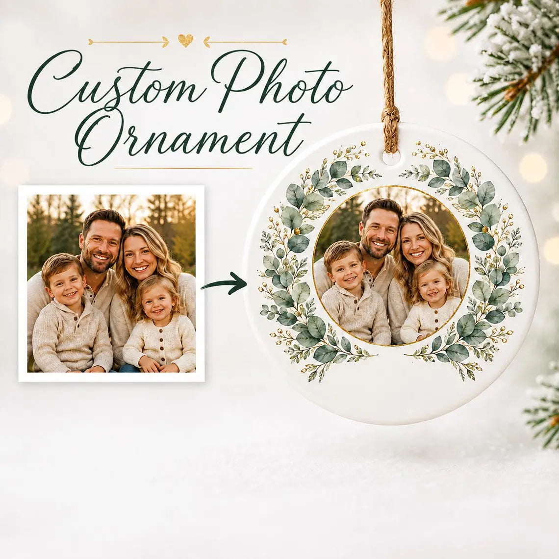 Family Portrait Christmas Custom Family Name Date Photo Family Round Ceramic Christmas Ornament Family