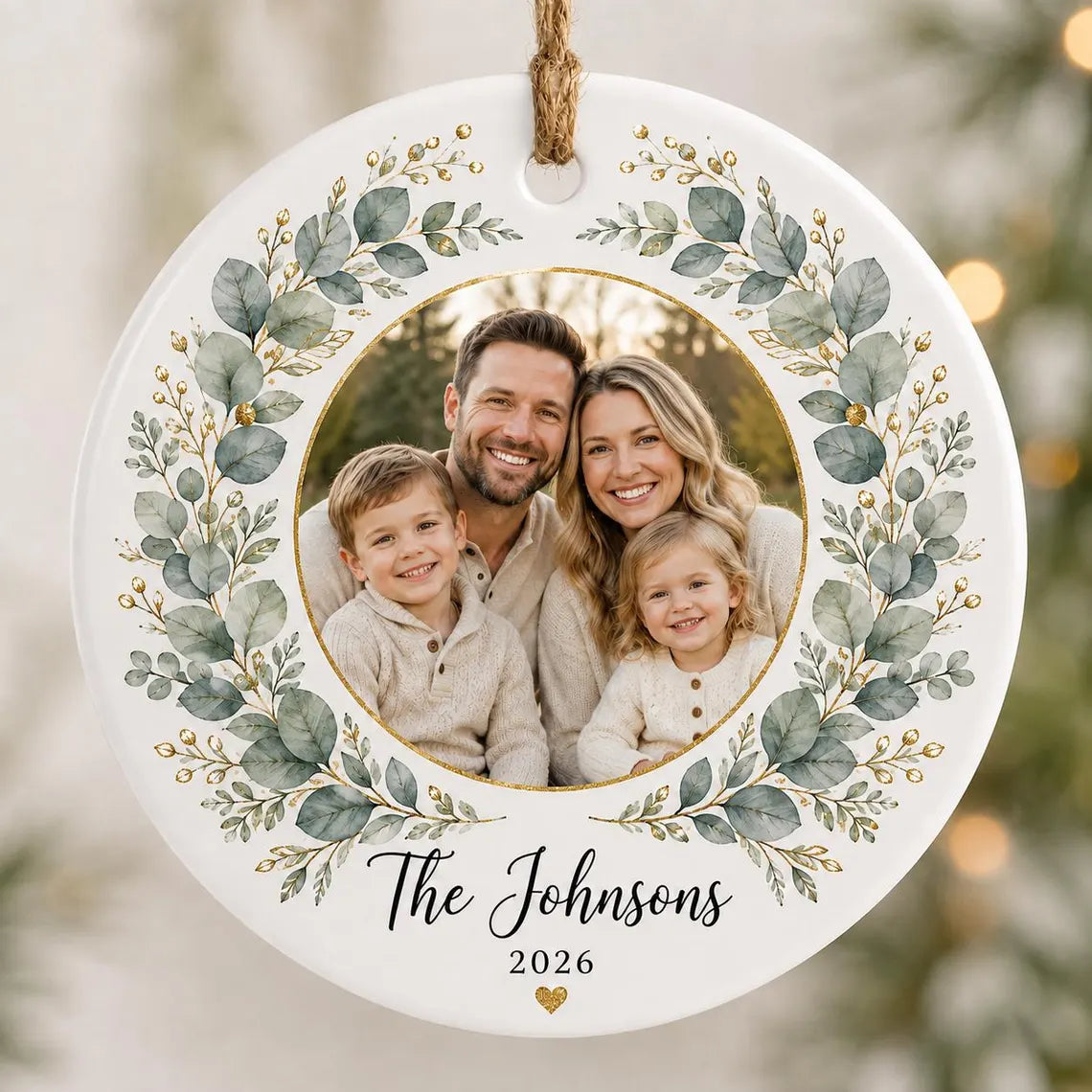 Family Portrait Christmas Custom Family Name Date Photo Family Round Ceramic Christmas Ornament Family