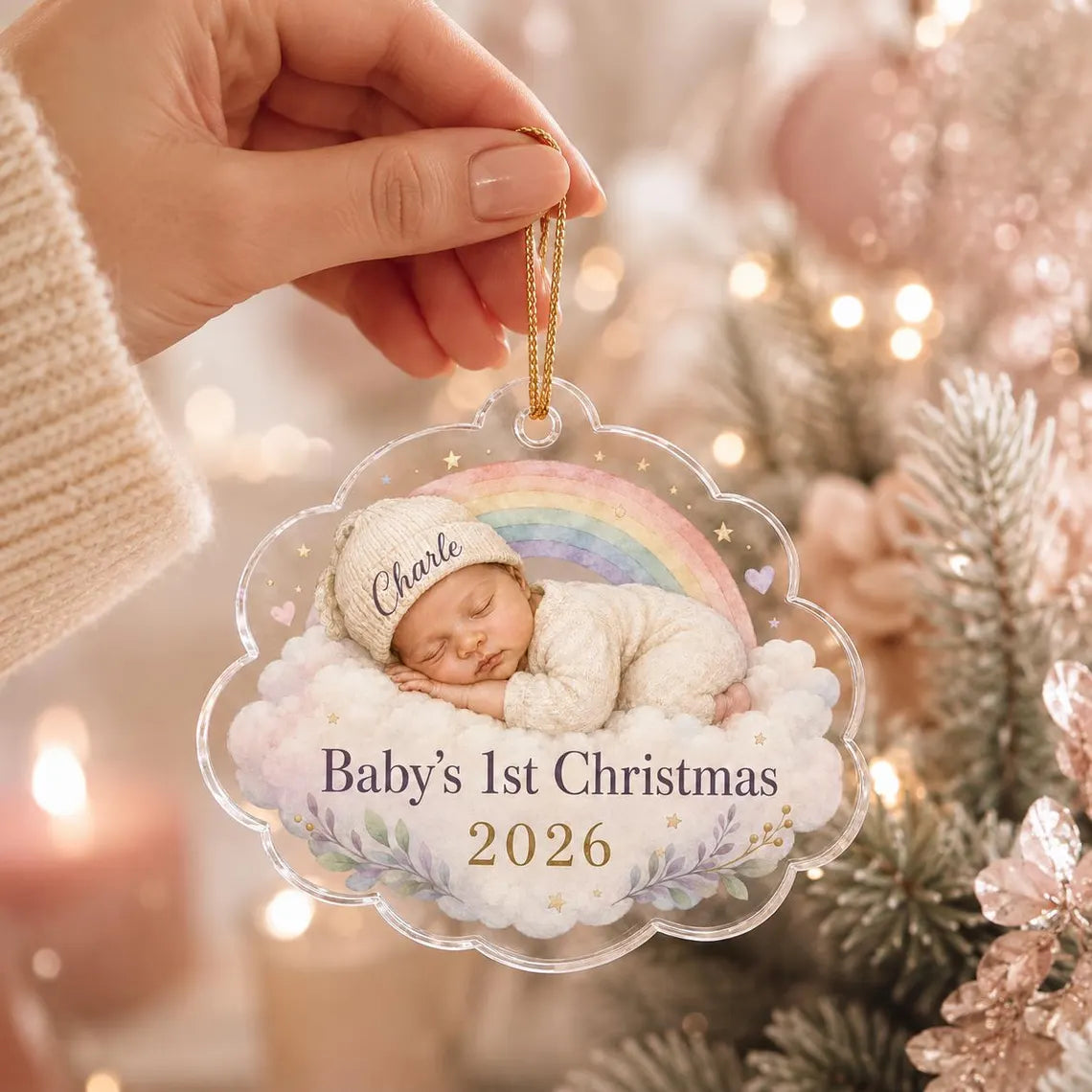 Baby's First Christmas Sleeping Baby Rainbow Custom Name Date Acrylic Christmas Ornament Baby