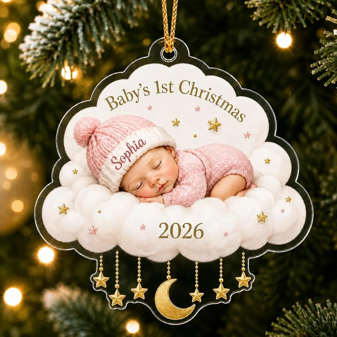 Baby's First Christmas Sleeping Baby Cloud Custom Name Date Acrylic Christmas Ornament Baby