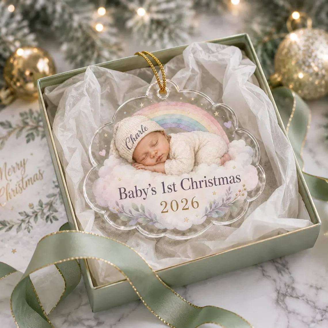 Baby's First Christmas Sleeping Baby Rainbow Custom Name Date Acrylic Christmas Ornament Baby
