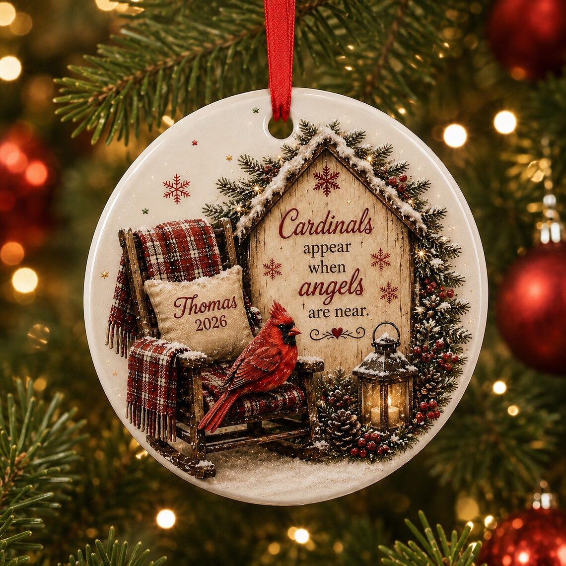Cardinals Appear When Angels Are Near Memorial Chair Custom Name Date Memorial Round Ceramic Christmas Ornament Memorial