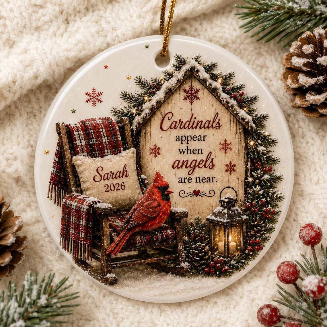Cardinals Appear When Angels Are Near Memorial Chair Custom Name Date Memorial Round Ceramic Christmas Ornament Memorial