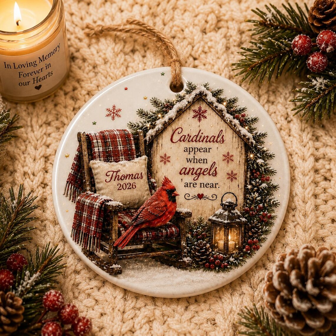 Cardinals Appear When Angels Are Near Memorial Chair Custom Name Date Memorial Round Ceramic Christmas Ornament Memorial