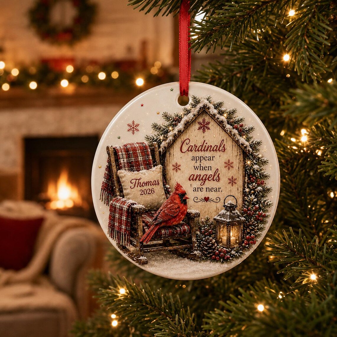 Cardinals Appear When Angels Are Near Memorial Chair Custom Name Date Memorial Round Ceramic Christmas Ornament Memorial