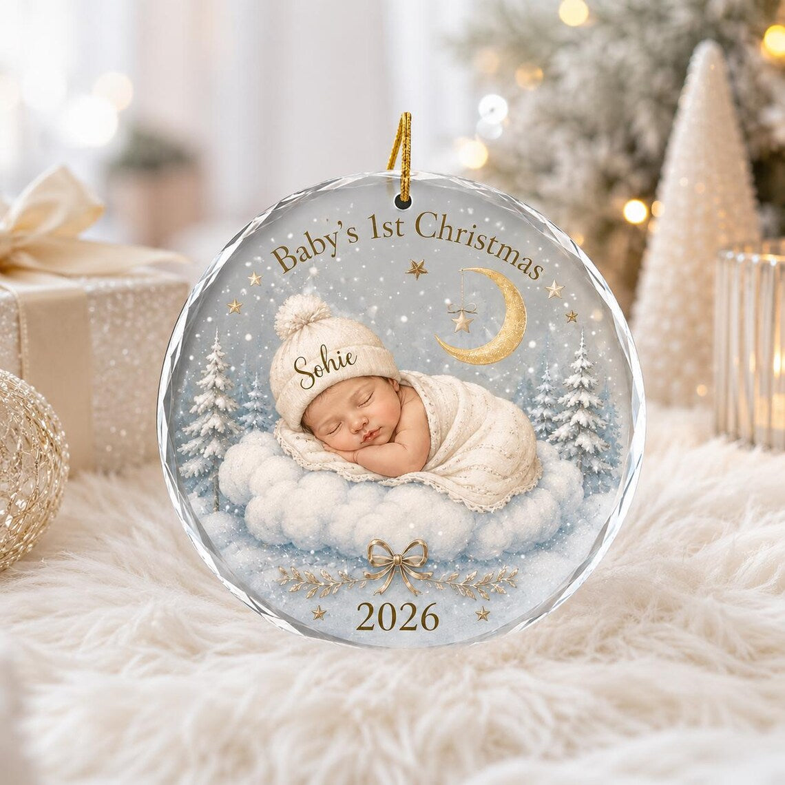 Baby's First Christmas Moon Cloud Custom Name Date Photo Round Glass Christmas Ornament Baby