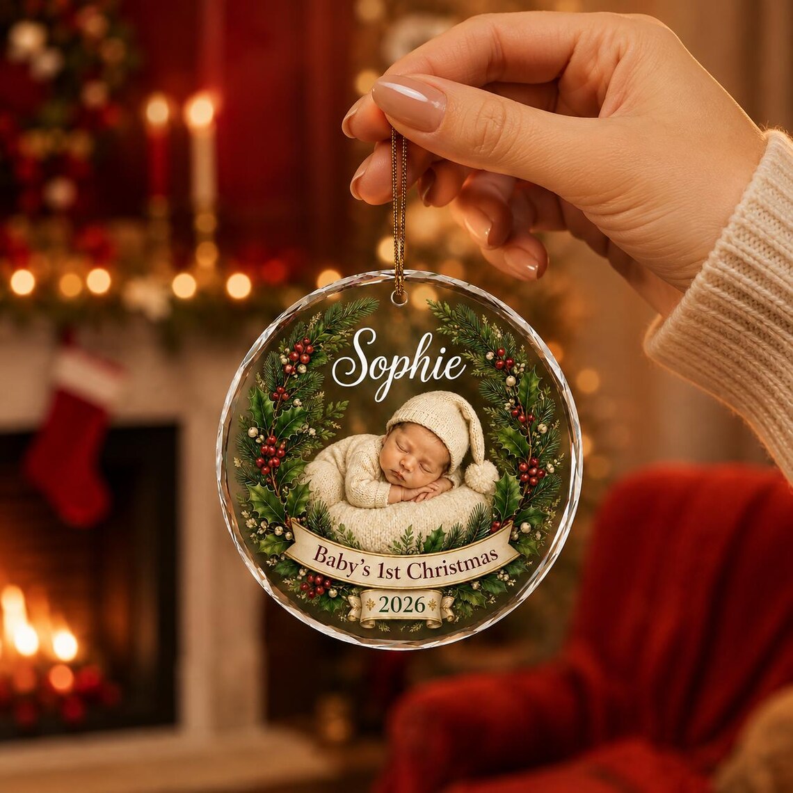 Baby's First Christmas Christmas Wreath Custom Name Date Round Glass Christmas Ornament Baby