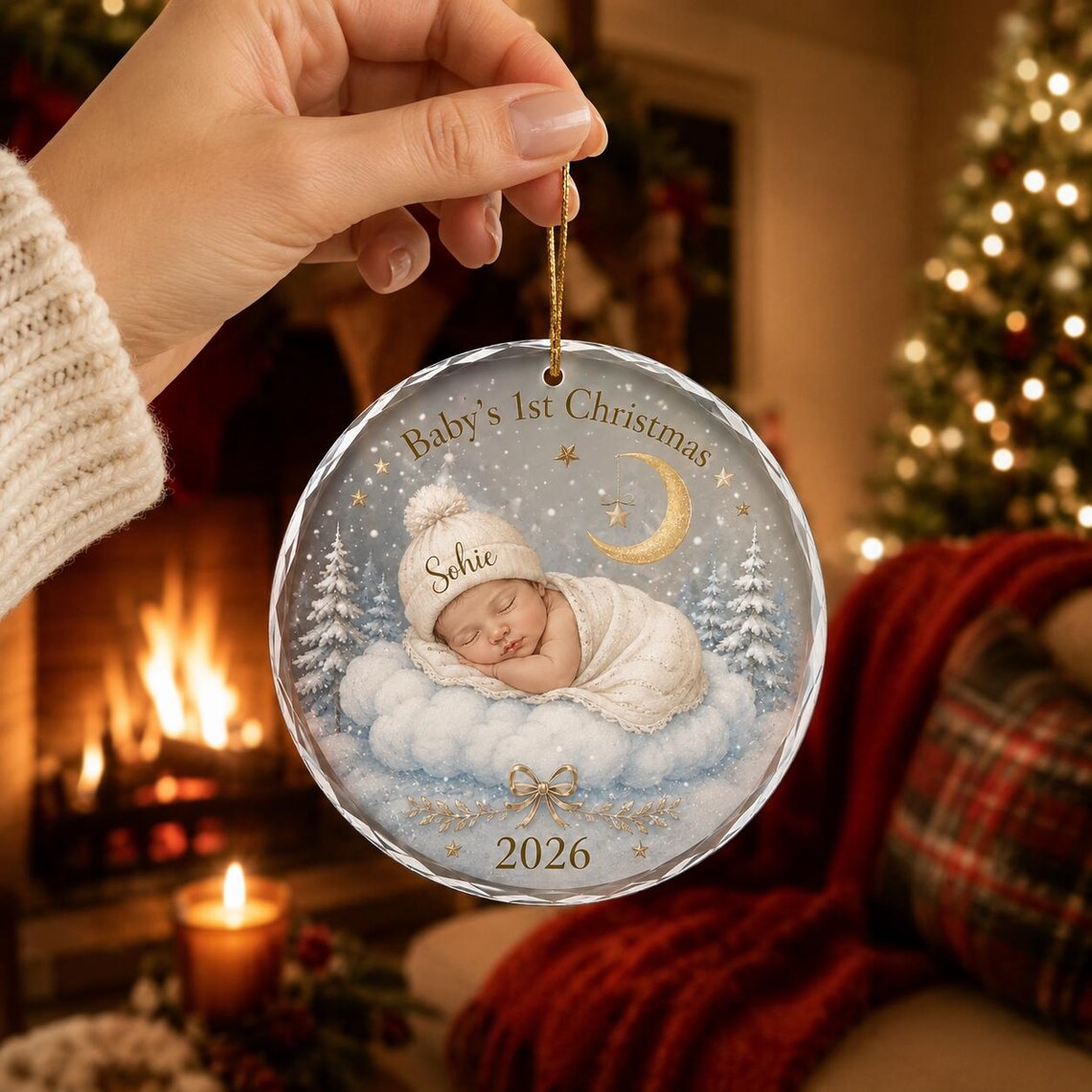 Baby's First Christmas Moon Cloud Custom Name Date Photo Round Glass Christmas Ornament Baby