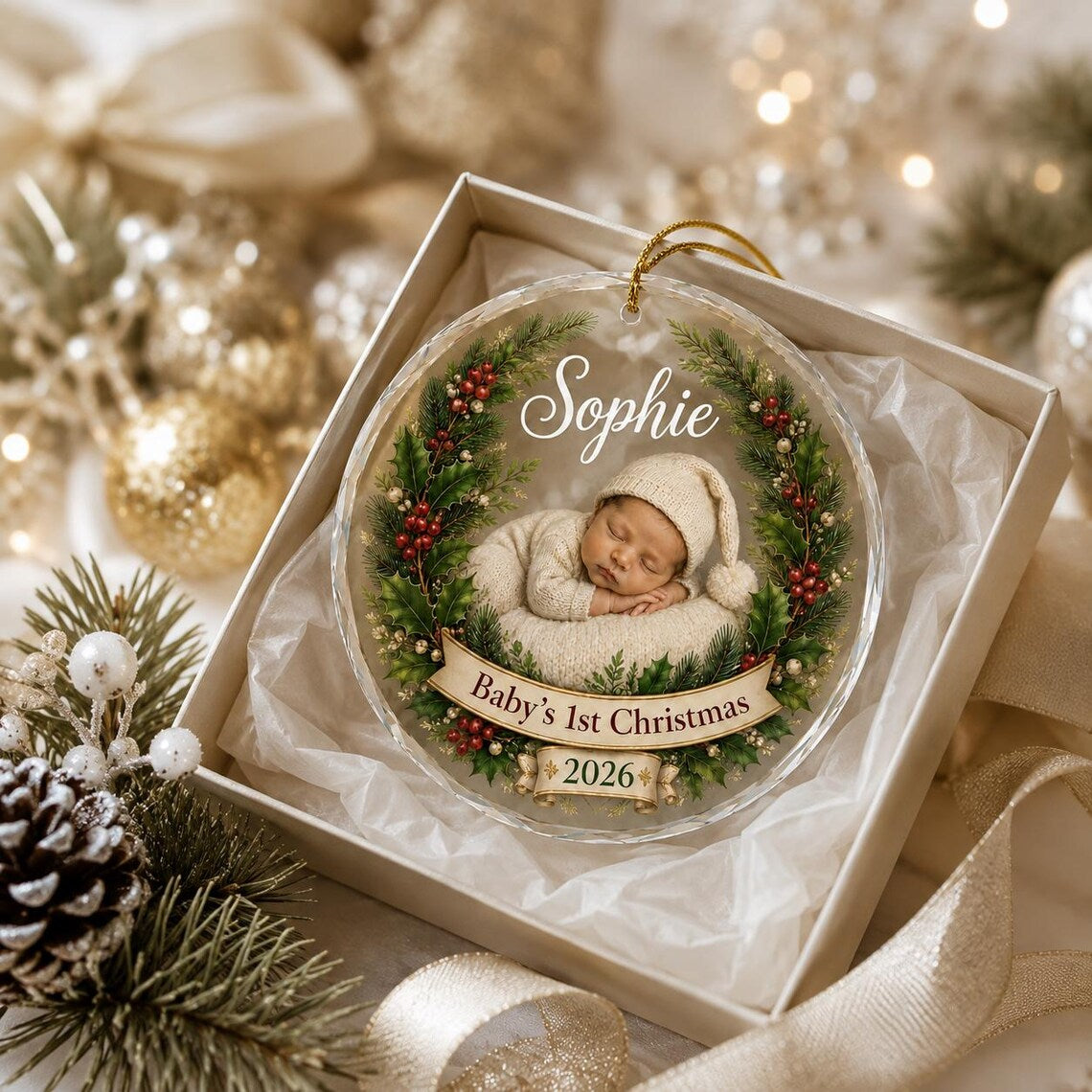 Baby's First Christmas Christmas Wreath Custom Name Date Round Glass Christmas Ornament Baby