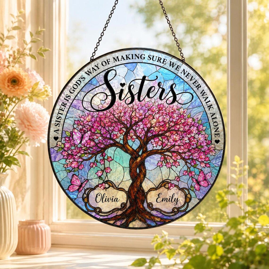 Sisters Floral Tree of Life Custom Name Sisters Stained Glass Suncatcher Ornament
