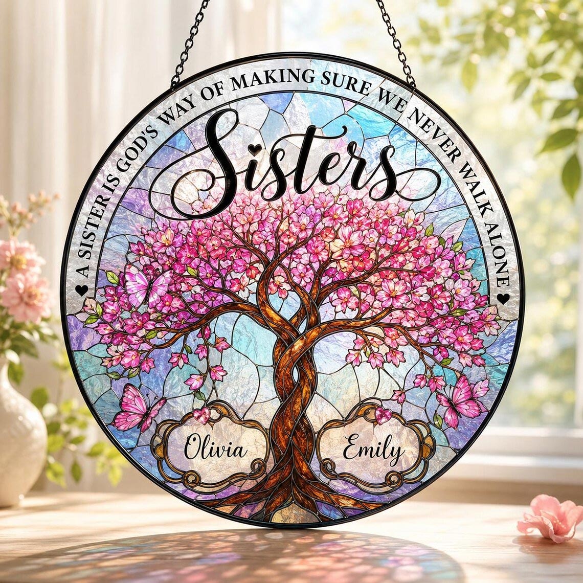 Sisters Floral Tree of Life Custom Name Sisters Stained Glass Suncatcher Ornament