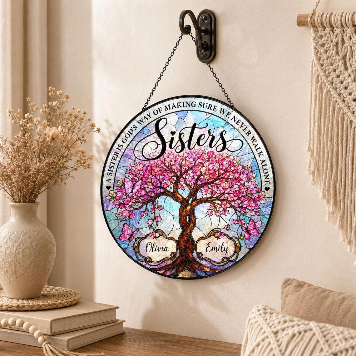 Sisters Floral Tree of Life Custom Name Sisters Stained Glass Suncatcher Ornament